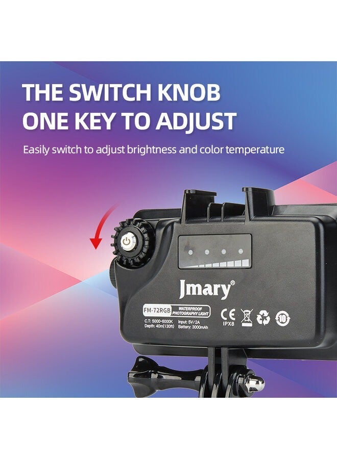 Jmary FM-72RGB Waterproof RGB Video Fill Light, 40m/130ft Depth, 5 Watt, 5000-6000K, 3 Color Modes, 3000mAh Rechargeable Battery - Image 4