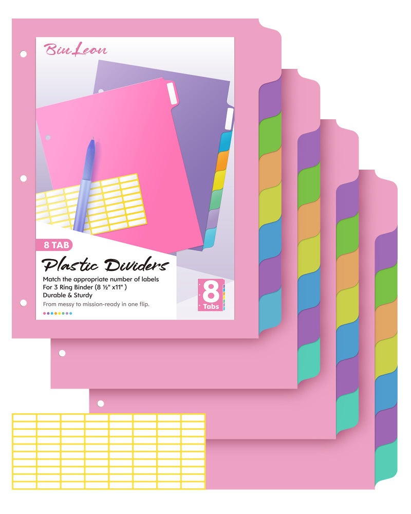 BiuLeon [32Pcs/4Set- 8 Tab] Binder Dividers with Tabs, Plastic Dividers for 3 Ring Binder, Letter Size Binder Tabs for Organizing School Office Home Files, Write&Erase Notebook/Page Dividers - Image 1