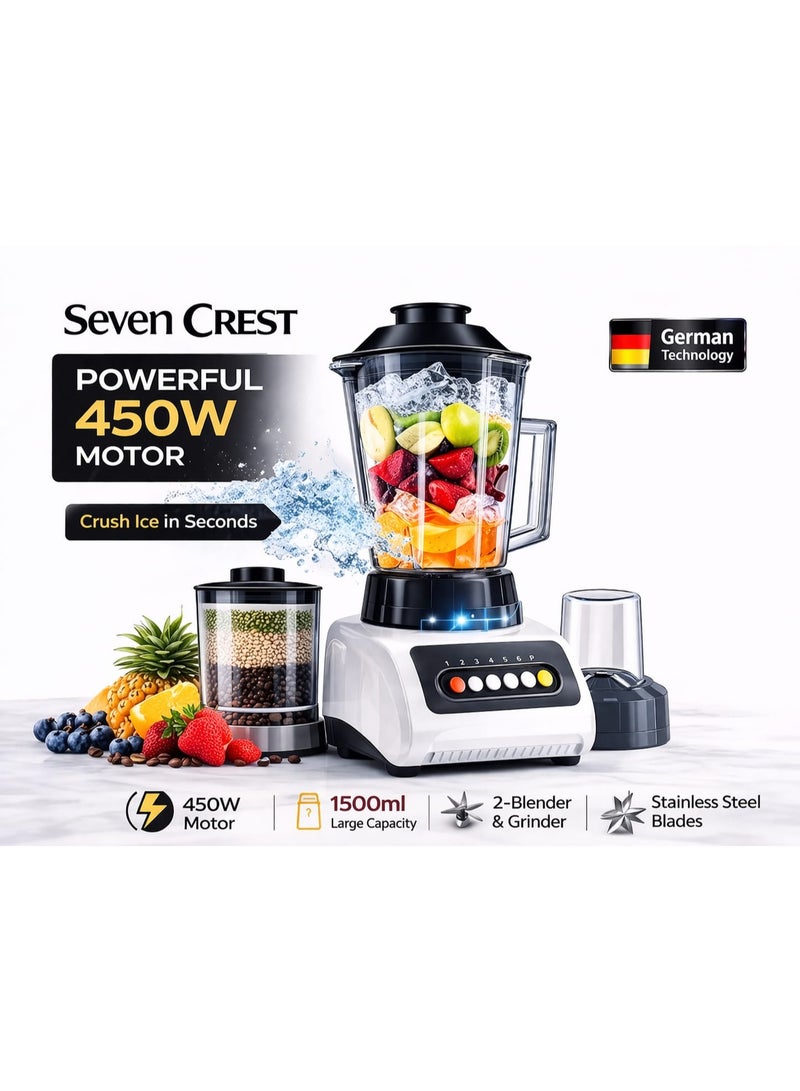 Seven CREST 2 in 1 Blender and Grinder 450W Kitchen Blender 1.5L Large Capacity Multi Function Smoothie Juicer Ice Crushing and Spice Grinder - Image 1