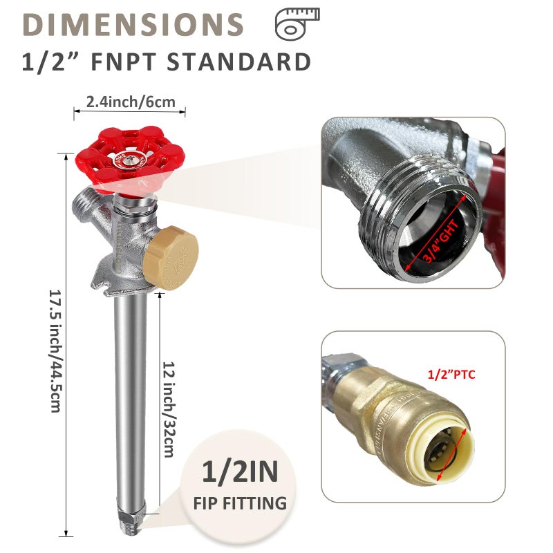 Young dance 12inch Anti-Siphon Frost Free Sillcock, No Lead Brass Frost Proof Outdoor Faucet Bib with Backflow Preventer, 1/2" Push-to-Fit Connector X 3/4 Inch Hose Bibb Frost Free Spigot - Image 3