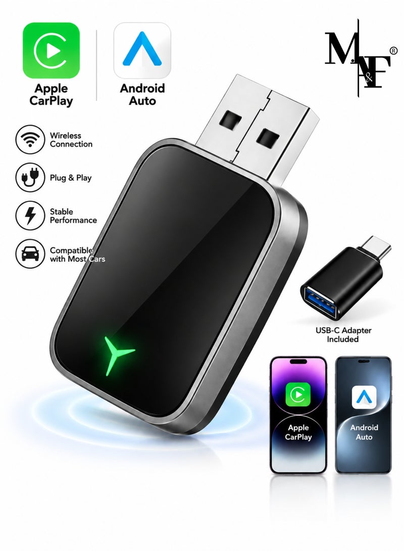 M.A&F's CarPlay Wireless Adapter & Android Auto Adapter, 2026 Upgrade 2-in-1 Plug & Play USB/USB-C Dongle, Converts Wired to Wireless for Cars, Fast Stable Connection, Fits iPhone & Android, Silver - Image 1