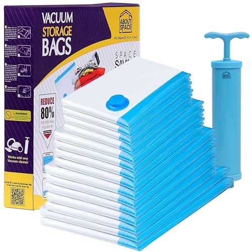 ABOUT SPACE Vacuum Compression Bags (15 Pack) with Hand Pump | 2-2X Jumbo/5 Jumbo/4L/4M Zip Seal Storage Bags | Heavy-Duty Airtight Reusable Space Saver Luggage Organizer-Blue-Polyamide Polyethylene - Image 1