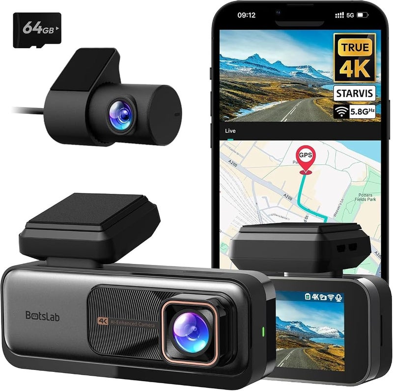 بوتسلاب كاميرا أمامية للسيارات الذكية من Botslab 360 G980H Pro بدقة 4K UHD، وكاميرا خلفية بدقة 2K QHD بزاوية عريضة 170° وميزة رؤية ليلية، مع وحدة GPS مدمجة - Image 1
