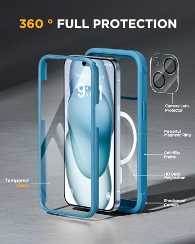 Miracase Glass Series for iPhone 15 Case Compatible with MagSafe FullBody Magnetic Bumper Case with Builtin 9H Tempered Glass AntiFingerprint Screen Protector Camera Lens Protector Sea Blue - Image 3