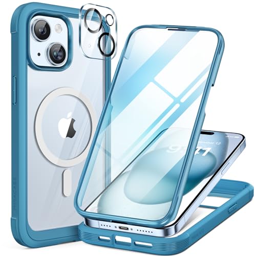 Miracase Glass Series for iPhone 15 Case Compatible with MagSafe FullBody Magnetic Bumper Case with Builtin 9H Tempered Glass AntiFingerprint Screen Protector Camera Lens Protector Sea Blue - Image 1