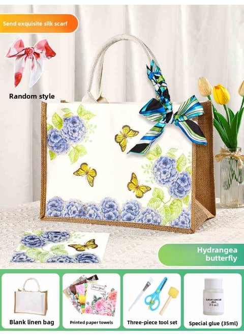 Butterfly Ancient Bart Material Bag Diy Mother's Day Canvas Bag Children's Handmade Creative Linen Bag Group Building Activity Gift-Color:Horizontal Style [hydrangea Butterfly] Comes With A Full Set Of Tools + Detailed Tutorials