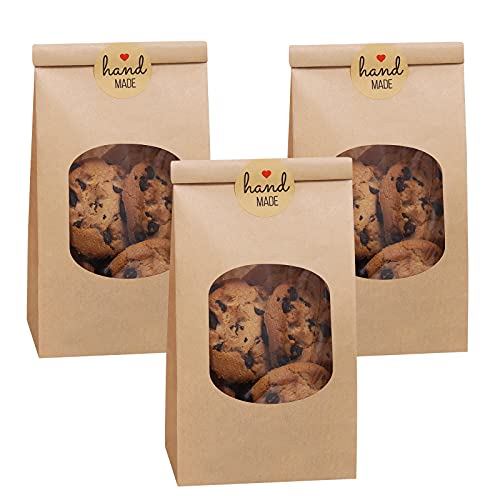 Eupako 3.54x2.36x6.7 Bakery Bags with Window 50 PCS Brown Tin Tie Tab Lock Bags Kraft Paper Bags for Cookies, Coffee, Included 50 PCS Handmade Stickers - Image 1