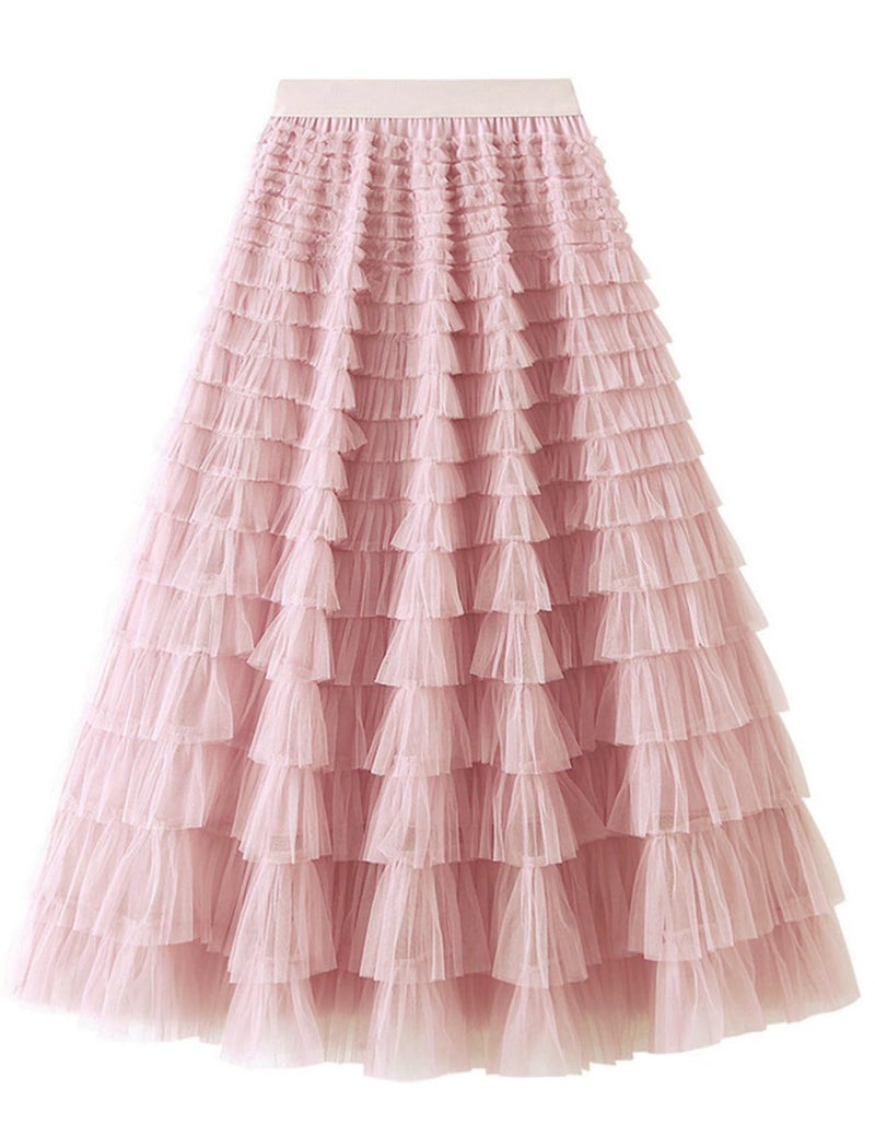 Flygo Women's Long Maxi Tulle Skirts A Line Ruffle High Waisted Tiered Layered Mesh Tutu Skirt Petticoat(Pink-S) - Image 4