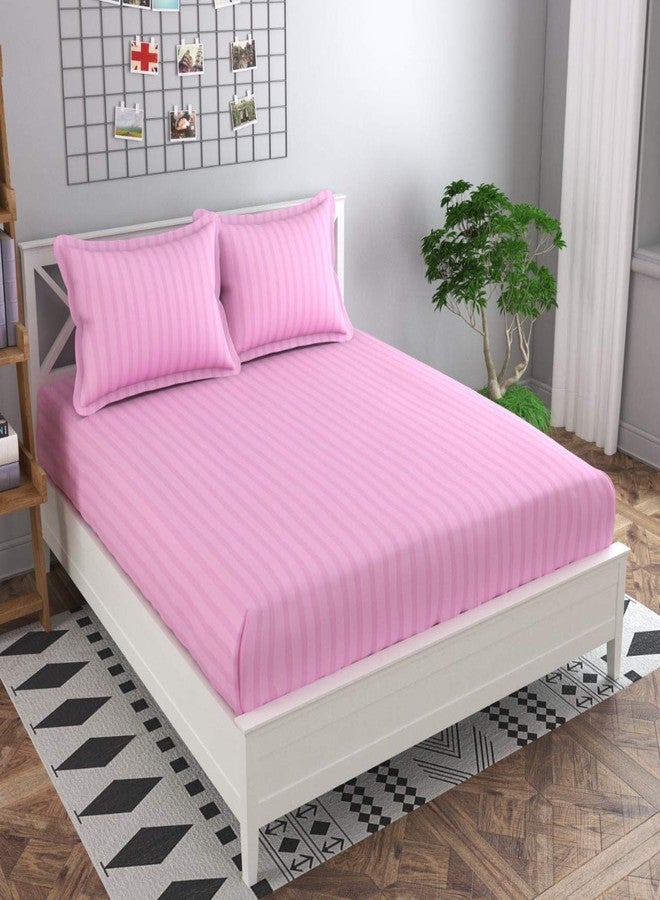 Decoholic 210 TC Glace Cotton Satin Stripes Plain Bed Sheet for Double Bed King Size with Two Pillow Covers for Home-Hotels (90x100 Inch) (Pink) - Image 1