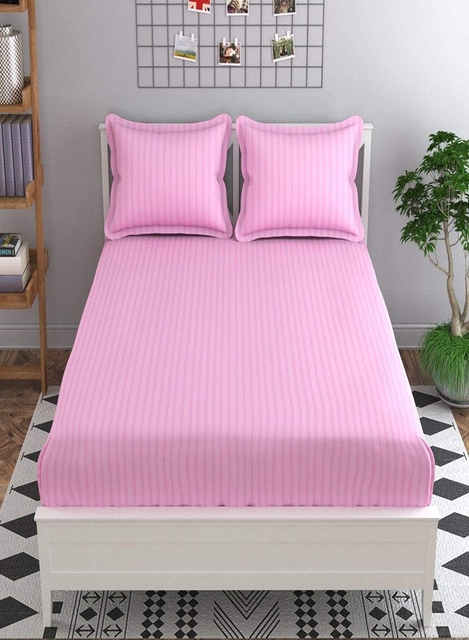 Decoholic 210 TC Glace Cotton Satin Stripes Plain Bed Sheet for Double Bed King Size with Two Pillow Covers for Home-Hotels (90x100 Inch) (Pink) - Image 3
