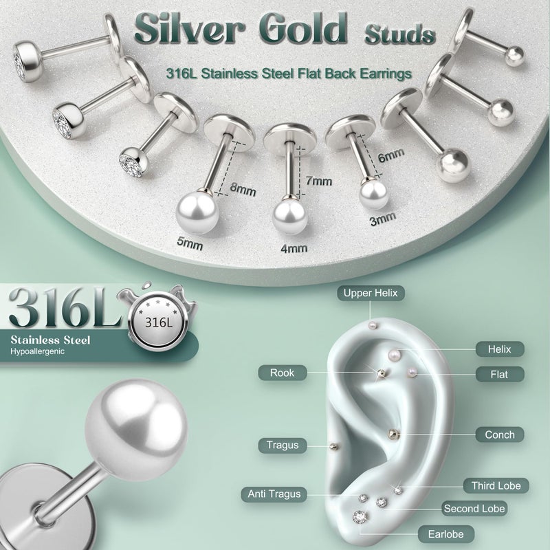 GEMQUEEN Flat Back Earrings Studs : Internal Thread 316L Surgical Stainless Steel Stud Earring Hypoallergenic for Women Men 18G Cartilage Helix Tragus Conch Piercing Jewelry Dainty Pearl Earrings Set - Image 2