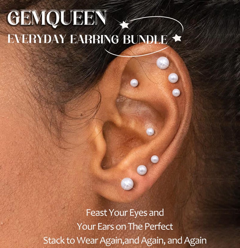 GEMQUEEN Flat Back Earrings Studs : Internal Thread 316L Surgical Stainless Steel Stud Earring Hypoallergenic for Women Men 18G Cartilage Helix Tragus Conch Piercing Jewelry Dainty Pearl Earrings Set - Image 4