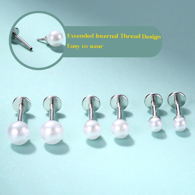 GEMQUEEN Flat Back Earrings Studs : Internal Thread 316L Surgical Stainless Steel Stud Earring Hypoallergenic for Women Men 18G Cartilage Helix Tragus Conch Piercing Jewelry Dainty Pearl Earrings Set - Image 5