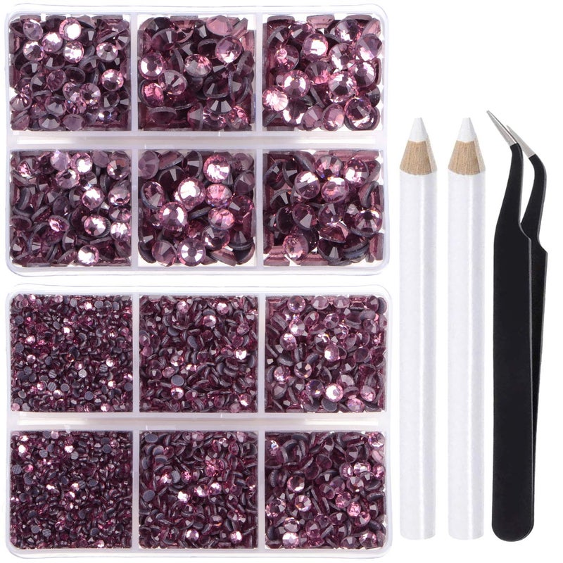 LPBeads 6400 Pieces Hotfix Rhinestones Lt Amethyst Flat Back 5 Mixed Sizes Crystal Round Glass Gems with Tweezers and Picking Rhinestones Pen