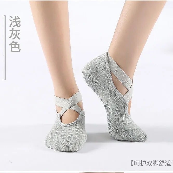 Non-Slip Cross Strap Yoga Socks with Cushioned Terry Sole for Pilates and Dance - Image 1