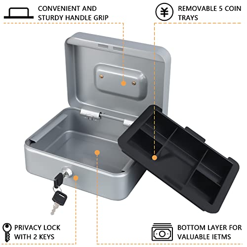 KYODOLED Medium Cash Box with Money Tray,Small Safe Lock Box with Key,Cash Drawer,7.87"x 6.30"x 3.54" Lightgrey Medium - Image 2