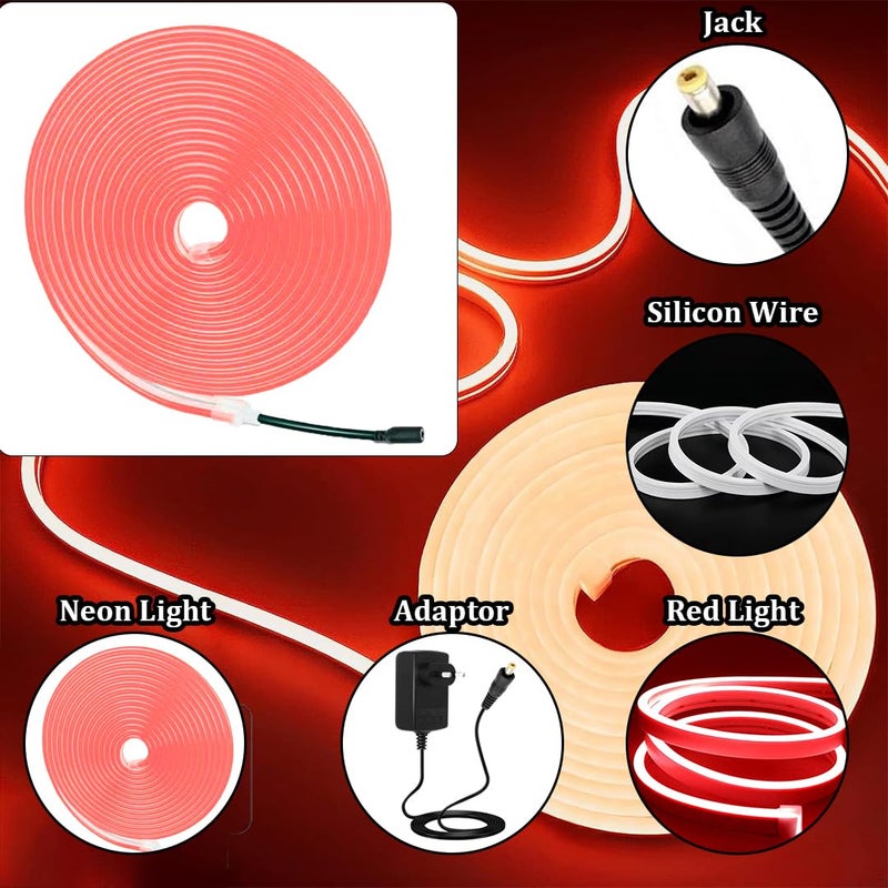 fizzytech fizzytech LED Neon Light 12 Volt Adaptor 5 Meter Neon Light Flat Silicone Neon Rope Light Flexible Cuttable String IP65 Waterproof Neon LED Strips Lights of Home Decoration Neon Red  - Image 3