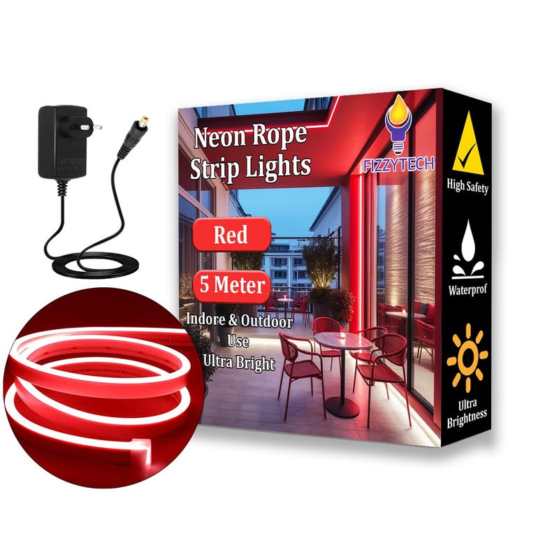 fizzytech fizzytech LED Neon Light 12 Volt Adaptor 5 Meter Neon Light Flat Silicone Neon Rope Light Flexible Cuttable String IP65 Waterproof Neon LED Strips Lights of Home Decoration Neon Red  - Image 1