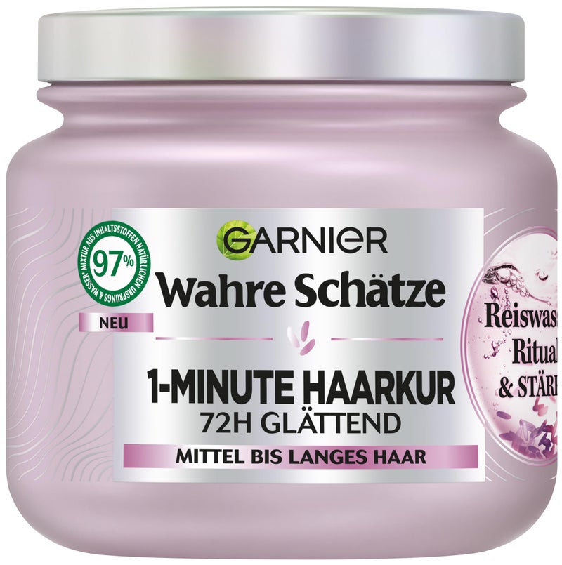 Garnier True Treasures 1-Minute Hair Treatment for Medium to Long Hair, Smoothing Hair Treatment with Rice Water and Strength, for More Shine and Softness, Rice Water Ritual & Strength, 1 x 340 ml