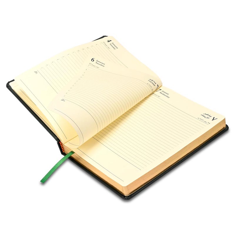 FIS 2026 Golden A5 Diary, 148x210mm, 1 Side Padded Italian PU Cover Materials, Round Corners, Gold Gilded Edges, Arabic/English, 70gsm Italian Ivory Paper, Green Cover - FSDI19AEG26GR - Image 4
