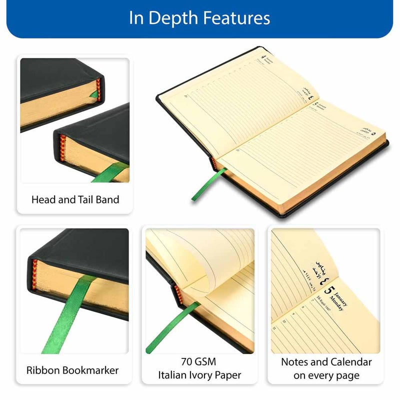 FIS 2026 Golden A5 Diary, 148x210mm, 1 Side Padded Italian PU Cover Materials, Round Corners, Gold Gilded Edges, Arabic/English, 70gsm Italian Ivory Paper, Green Cover - FSDI19AEG26GR - Image 5
