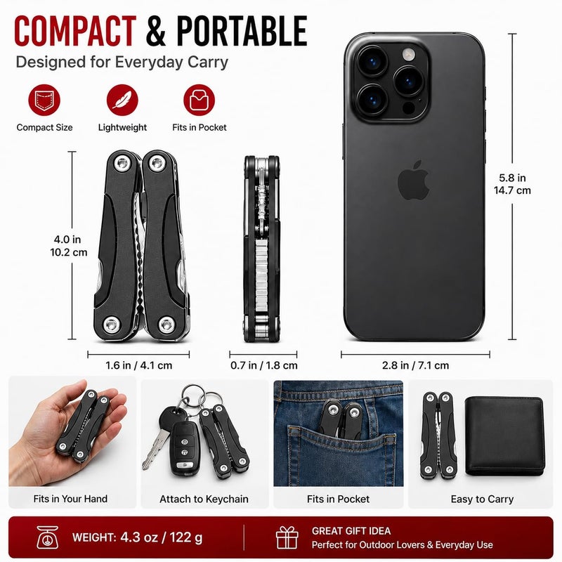 12 in 1 Folding Multifunctional Tool – Multi-Tool Pliers with Screwdrivers, Opener & Built-in Gauge – Maintenance and Repair Tool for Camping, Travel, and Daily Use (Black, Large) - Image 5