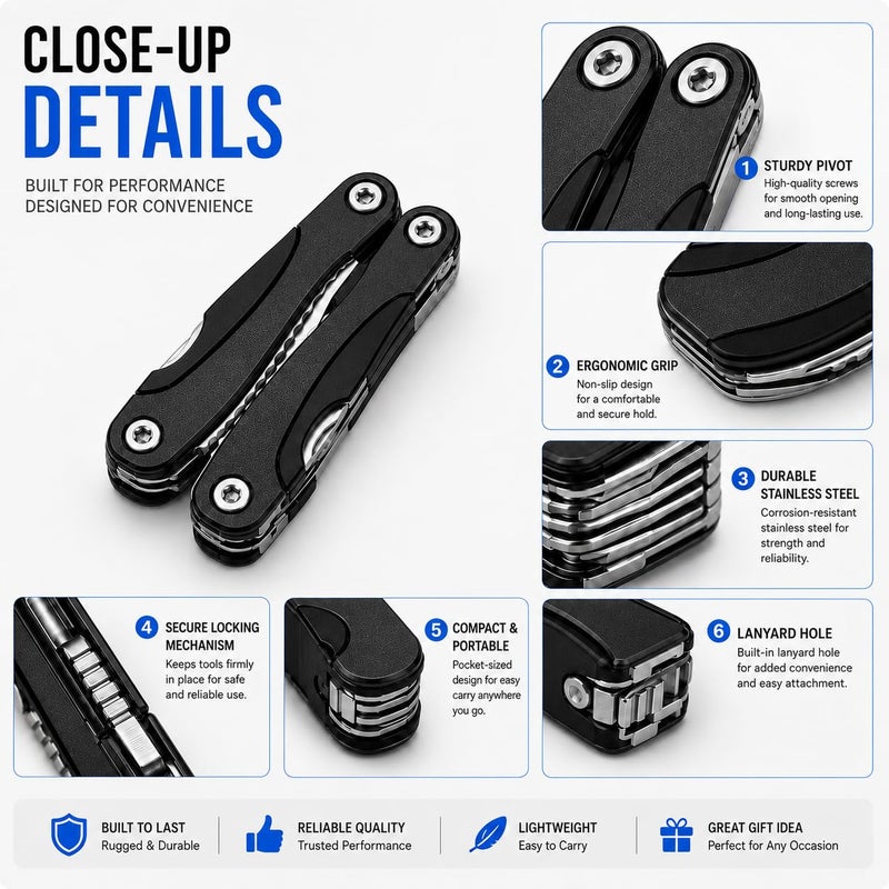 12 in 1 Folding Multifunctional Tool – Multi-Tool Pliers with Screwdrivers, Opener & Built-in Gauge – Maintenance and Repair Tool for Camping, Travel, and Daily Use (Black, Large) - Image 2