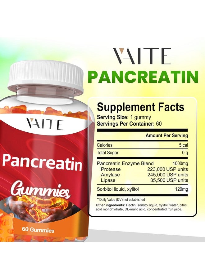 VAITE Pancreatin Enzyme Gummies 1000mg - Enzyme Blend for Protein & Carbohydrate Digestion - Digestive Support for Adults with Protease, Amylase & Lipase - Vegan Formula - Non-GMO, Gluten-Free - 60 Gummies - Image 3