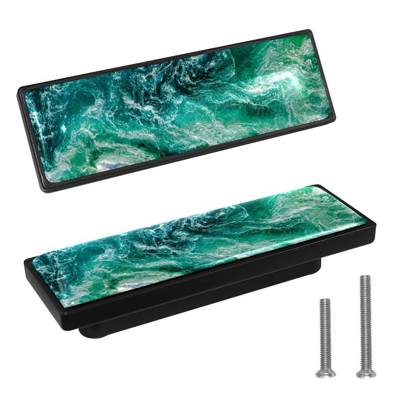 LORVIES 4 Pack 36 Ocean Decorative Cabinet Knobs ABS Glass Rectangle Double Hole Drawer Dresser Door Handles Pulls for Home Kitchen Bedroom Blue Green Wave - Image 1