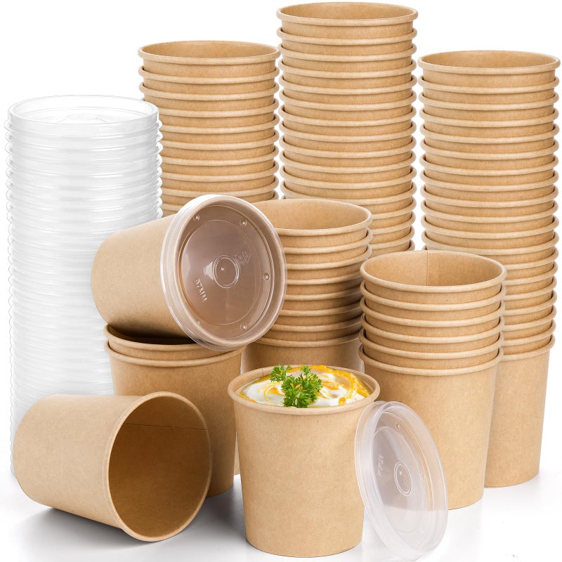 Lyellfe 80 Pack Paper Soup Containers with Lids 16 Oz Disposable Kraft Paper Food Cups To Go Take Out Cups for Hot Cold Drinks Microwavable Freezer Safe
