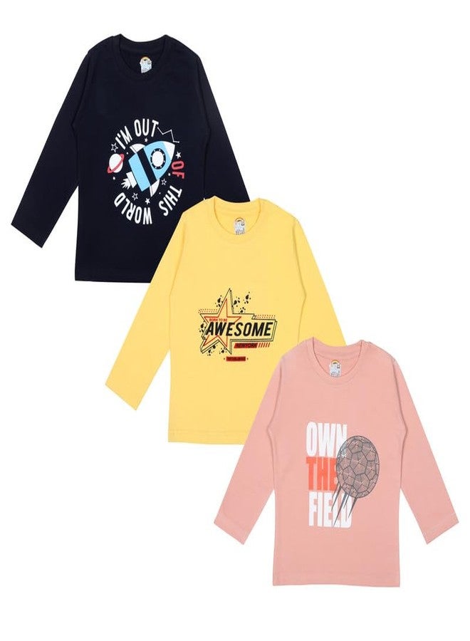 Tiny Treasures Cotton Full Sleeve Regular Fit Round Neck Printed T-Shirt for Baby, Kid's, Child, Unisex boy and Girl | Black, Yellow & Peach Color | Pack of 3 | 12-18 Month - Image 1