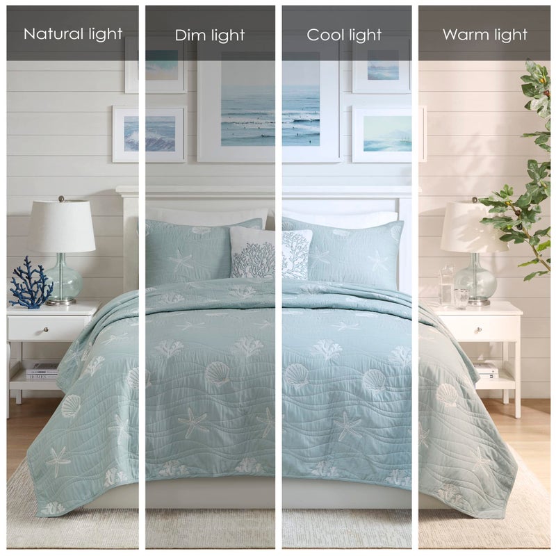 Harbor House Seaside Reversible Cotton Quilt Set Coastal Clam, Starfish, Coral Embroidery, All Season, Pre-Washed Coverlet Bedding Layer, Decorative Pillow, King/Cal King(108"x90") Seafoam 4 Piece - Image 2