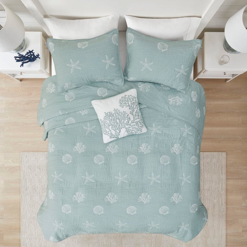 Harbor House Seaside Reversible Cotton Quilt Set Coastal Clam, Starfish, Coral Embroidery, All Season, Pre-Washed Coverlet Bedding Layer, Decorative Pillow, King/Cal King(108"x90") Seafoam 4 Piece - Image 5