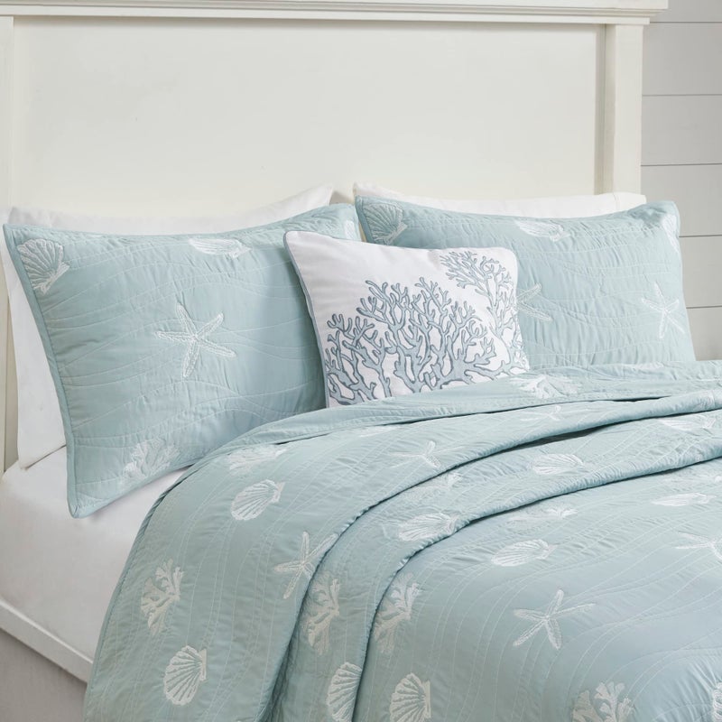 Harbor House Seaside Reversible Cotton Quilt Set Coastal Clam, Starfish, Coral Embroidery, All Season, Pre-Washed Coverlet Bedding Layer, Decorative Pillow, King/Cal King(108"x90") Seafoam 4 Piece - Image 4