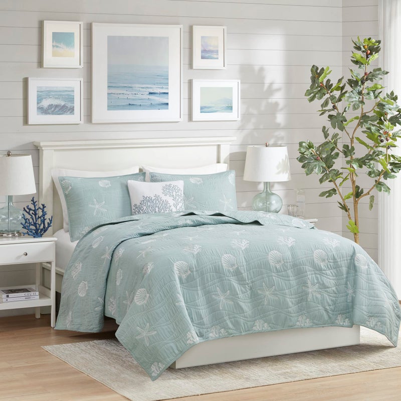 Harbor House Seaside Reversible Cotton Quilt Set Coastal Clam, Starfish, Coral Embroidery, All Season, Pre-Washed Coverlet Bedding Layer, Decorative Pillow, King/Cal King(108"x90") Seafoam 4 Piece - Image 3