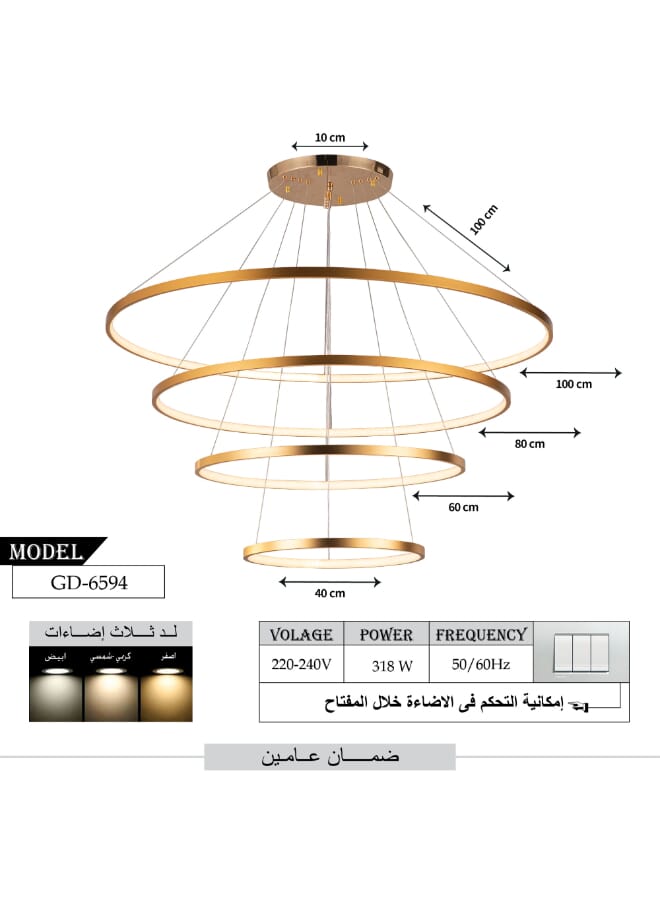 Best Power Modern LED Chandelier Light 6594 – 4 Rings (40cm, 60cm, 80cm, 100cm) – 3 Lighting Levels – 318W – Adjustable Height 100cm – Contemporary Ceiling Pendant for Living Room, Dining Room, and More - Image 4