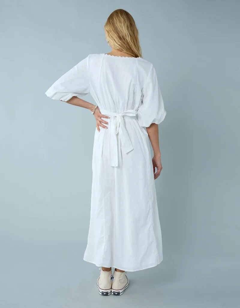 American Eagle  AE Linen-Blend Puff Sleeve Tie Back Midi Dress for Women | Best Price UAE