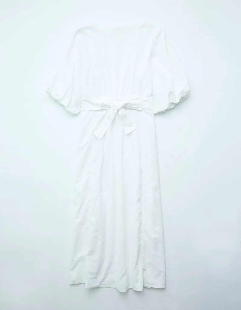 American Eagle  AE Linen-Blend Puff Sleeve Tie Back Midi Dress for Women | Best Price UAE