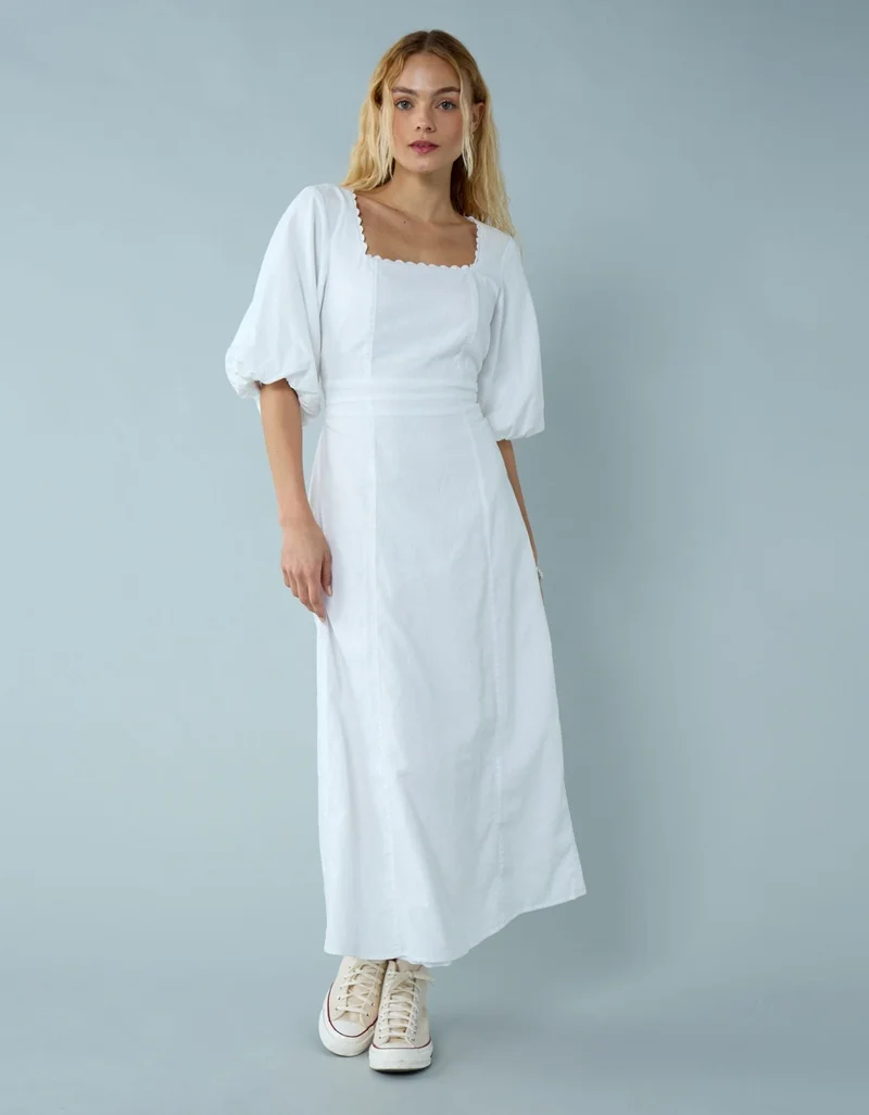 AE Linen-Blend Puff Sleeve Tie Back Midi Dress