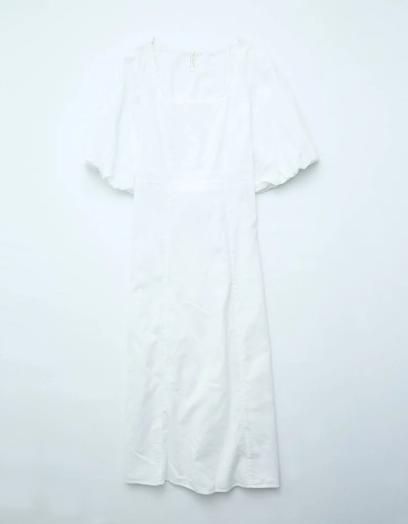 American Eagle  AE Linen-Blend Puff Sleeve Tie Back Midi Dress for Women | Best Price UAE
