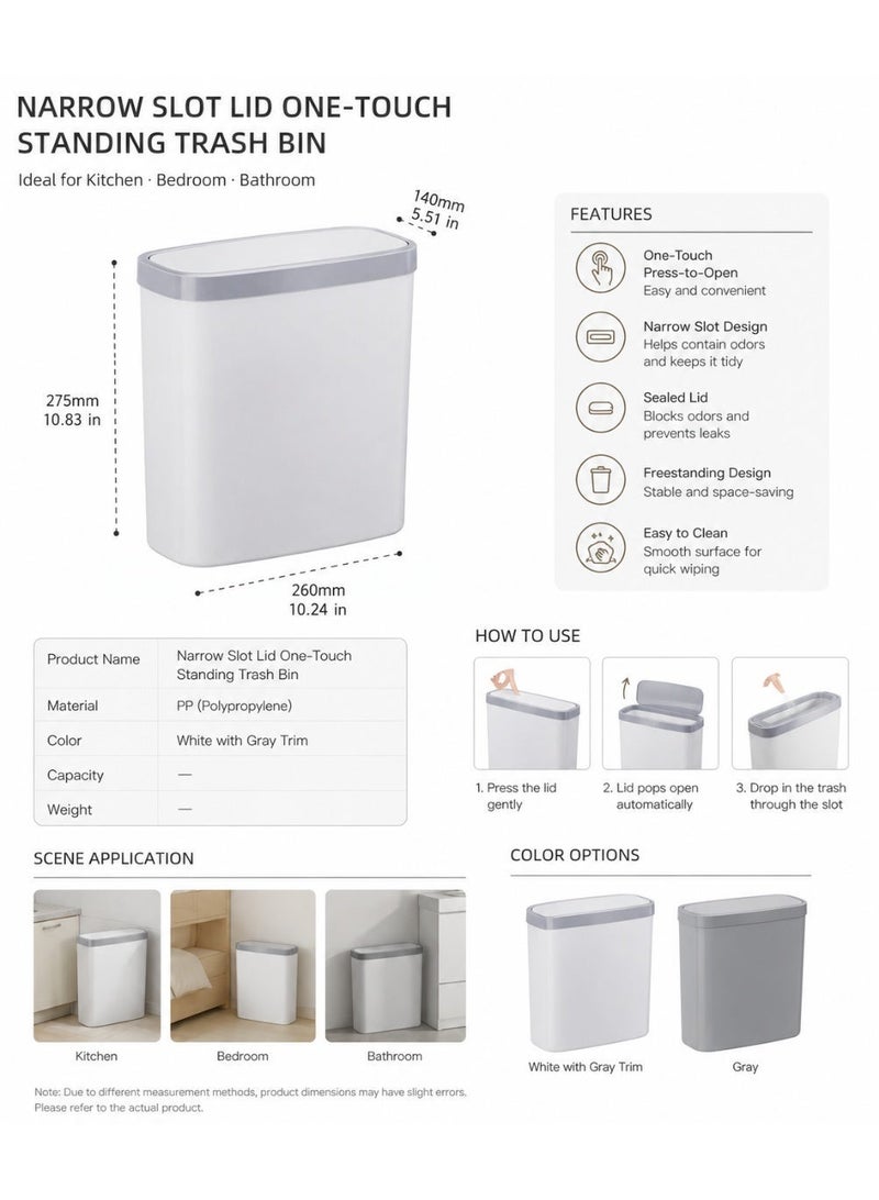 East Lady Narrow Slot One-Touch Standing Trash Bin with Lid, Slim Space-Saving Waste Basket for Kitchen, Bathroom, Bedroom, Office, White & Grey - Image 2