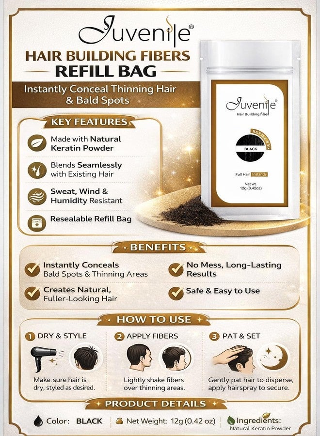 جوفينايل ألياف بناء الشعر للأطفال، عبوة إعادة تعبئة سوداء 12 غرام - تغطية فورية للشعر الخفيف للرجال والنساء | ألياف الكيراتين | مُخفي طبيعي لفروة الرأس - Image 3