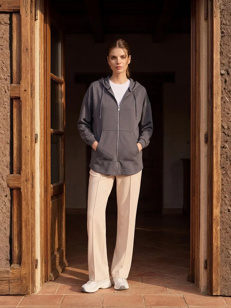 تومي لايف TOMMY Oversized Hooded Long-sleeve Zip Tunic Top