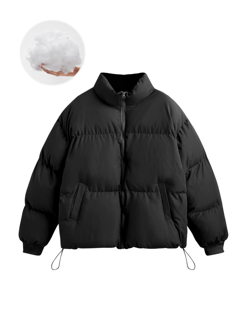 CIDER Womens Quilted Puffer Jacket Cropped Baggy Zip Up Casual Jackets Oversized Outerwear Warm Coat Trendy Winter: Black, S - Image 1