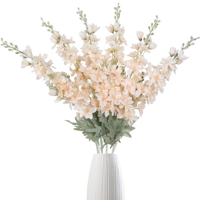 Delphinium Flowers Artificial Flowers 6 pcs Champagne Silk Flowers Larkspur Flower 335 in Long Stem Artificial Flowers for Tall Vase for Home Garden Arrangement DecorationChampagne
