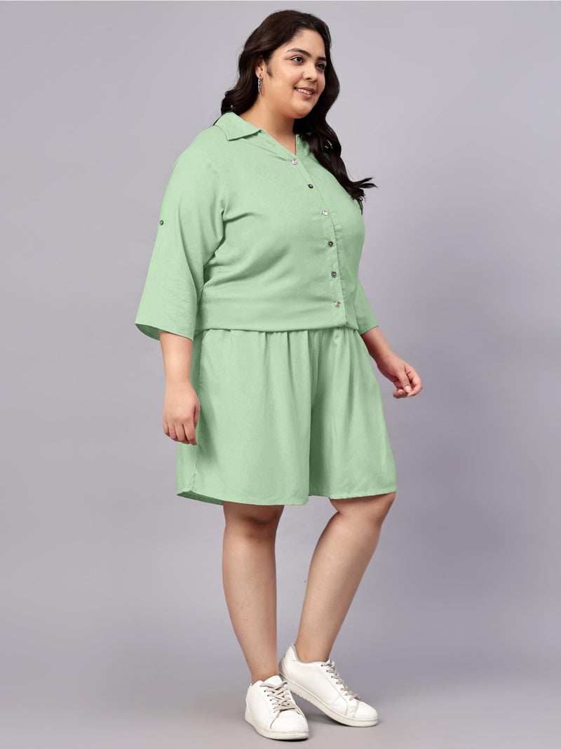Indietoga Women's Rayon Plus Size Longline Shirt And Shorts Co-Ords Set (P10001554_Mint Green Solid_4XL) - Image 4