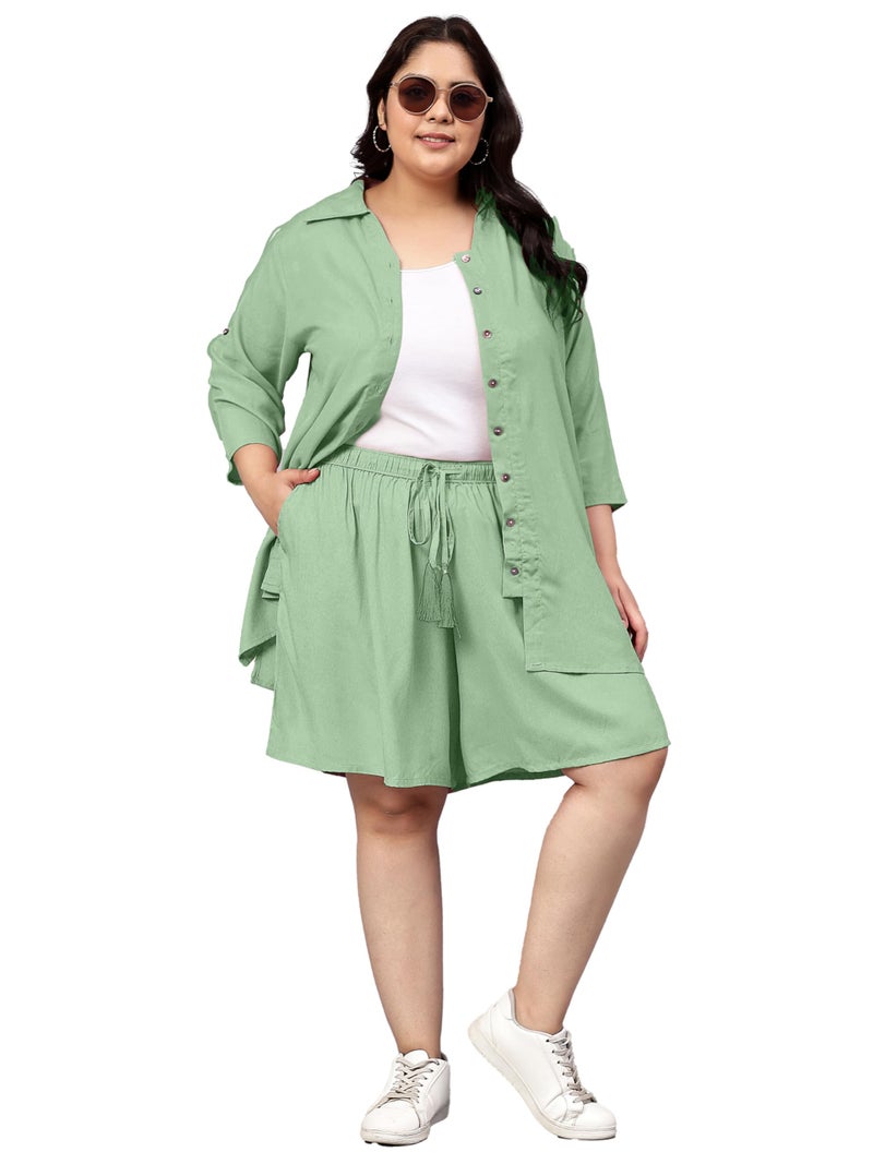 Indietoga Women's Rayon Plus Size Longline Shirt And Shorts Co-Ords Set (P10001554_Mint Green Solid_4XL) - Image 1
