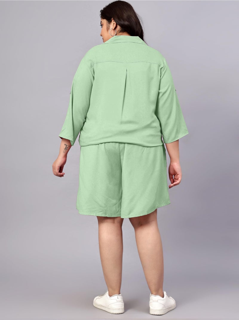 Indietoga Women's Rayon Plus Size Longline Shirt And Shorts Co-Ords Set (P10001554_Mint Green Solid_4XL) - Image 3