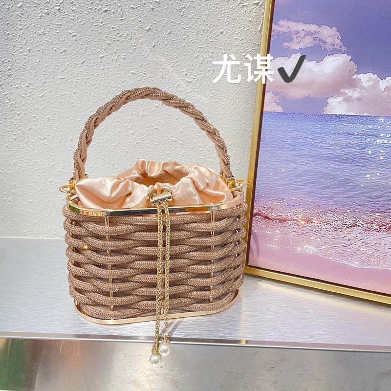 Metal Hollow Shiny Colorful Rhinestone Vegetable Basket Bird Cage Bag Banquet Diamond Bucket Bag Clutch Messenger Bag - Image 1