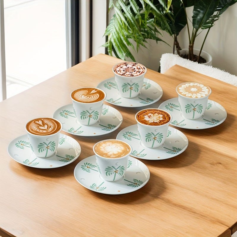 Set Of 6 Gray Coconut Tree Coffee Cups And Plates Espresso Set For Home - Image 1
